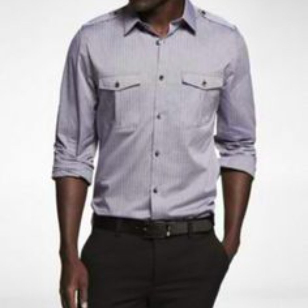 Express Herringbone Striped Fitted Military Shirt